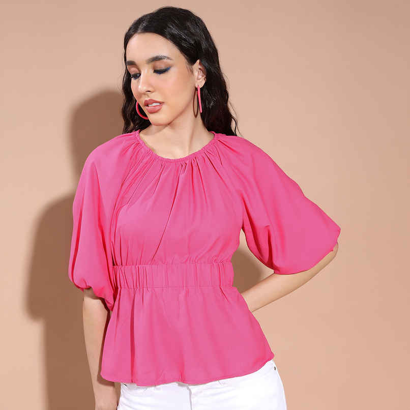Ketch Women's Round Neck Puff Sleeves Waist Tie-Up Cinched Waist Top | Pink - M Ketch Women's Round Neck Puff Sleeves Waist Tie-Up Cinched Waist Top | Pink - M