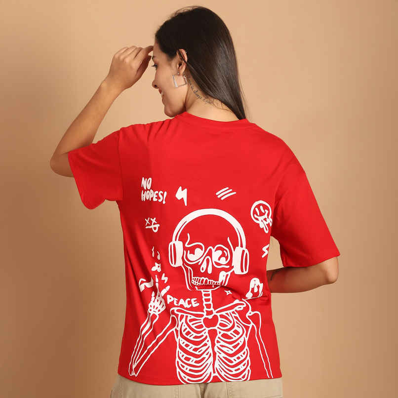 Fabflee Women Oversize Cotton Printed Round Neck Tshirt | Red | FAB-OS-505 | M