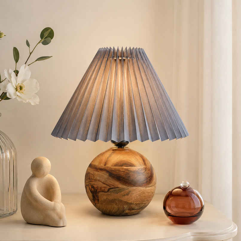 Homesake Rustic Round Wooden Table Lamp with Pleated Grey Shade | Nordic Bedside & Living Room Light