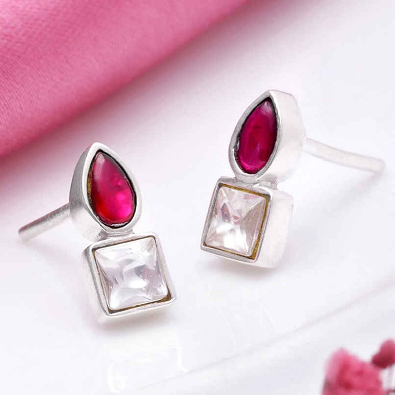 Unniyarcha 92.5 Silver Cubic Red Drop Stud Earrings