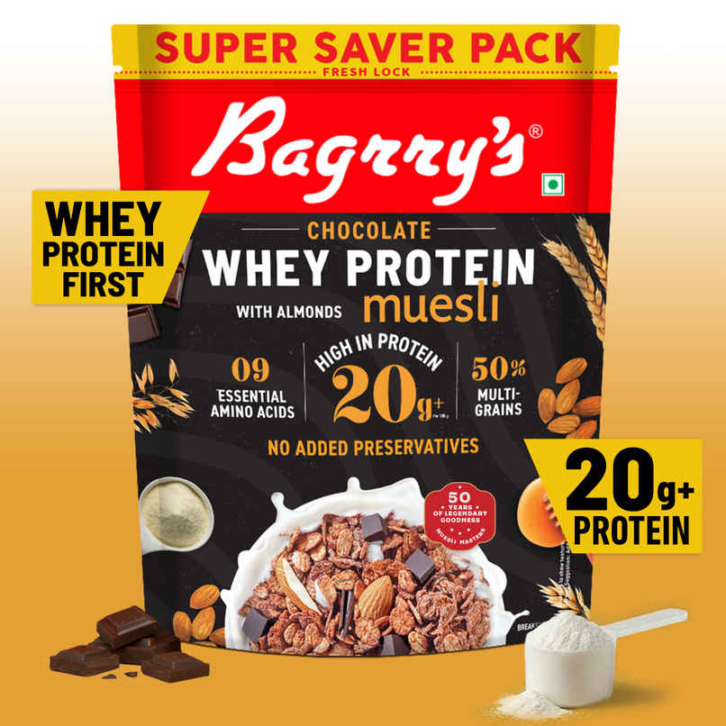 Bagrry's Whey Protein Muesli Protein Per Serve Chocolate Flavour Whole Oats & Californian Almonds Bagrry's Whey Protein Muesli Protein Per Serve Chocolate Flavour Whole Oats & Californian Almonds