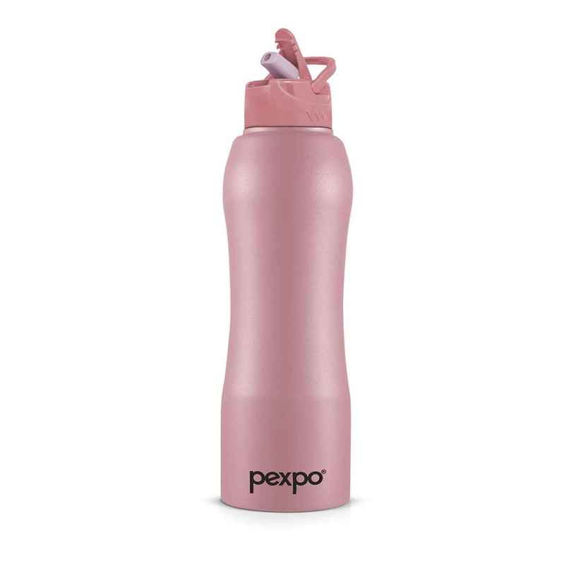 Pexpo Stainless Steel Belly Water Bottle With Straw Lid Sipper Cap Easy Grip | Rose Gold | 1 L
