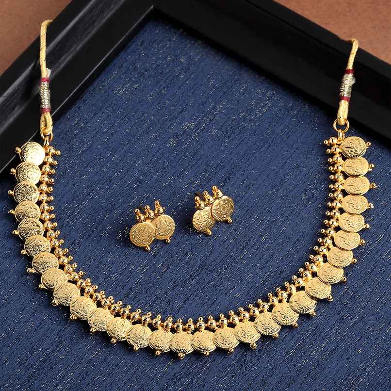 Zeneme Gold Plated Laxmi Temple Coin Necklace Set With Earrings Jewellery For Women & Girls