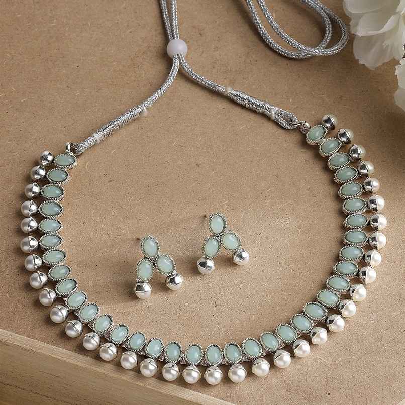 Zeneme Oxidised Silver Traditional Sea Green CZ Necklace With Earrings Jewellery For Women & Girls