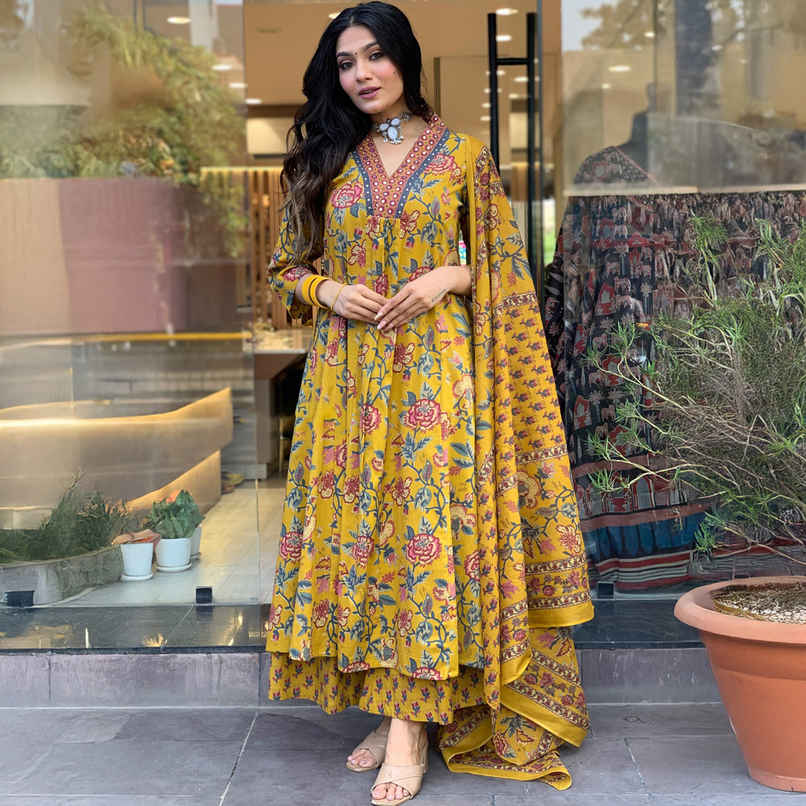 GoSriKi Women's Rayon Blend Anarkali Printed Kurta with Palazzo & Dupatta | CIA | Yellow - XL