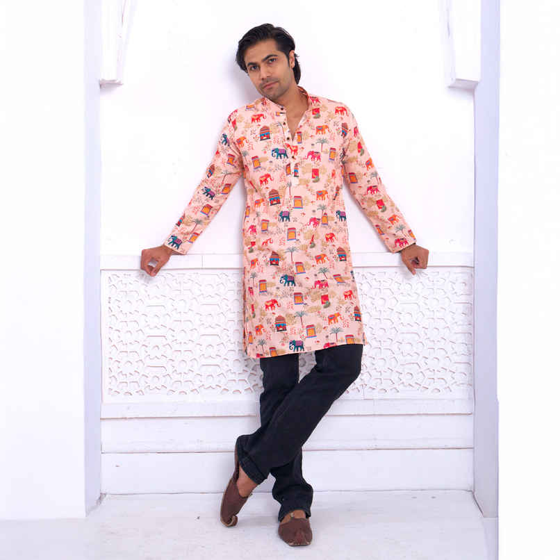 House Of Festivals Men's Printed Cotton Blend Ethnic Design Long Kurta | Multicolor - M