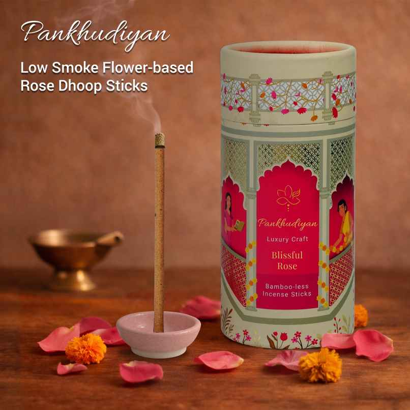 Pankhudiyan Rose Flower-based Low Smoke Bambooless Dhoopsticks (Sticks + Ceramic Holder)