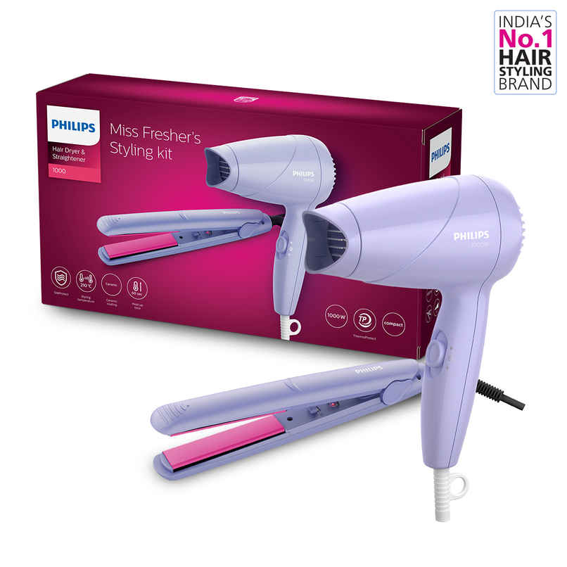 Philips Miss Fresher's Hair Styling Kit|1000W Hair Dryer and Hair Straightener Combo|HP8643/56