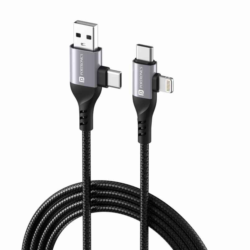 Portronics Konnect 4-in-1 Charging Cable | Type C to Type C/Lightning | for Android/iOS Devices