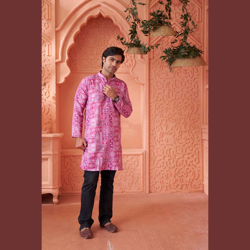 House Of Festivals Men's Printed Cotton Blend Long Kurta | Purple - XL
