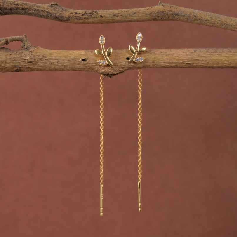 Clara 925 Sterling Silver Leafy Sui Dhaga Threader Earrings | Gold Plated Long Chain