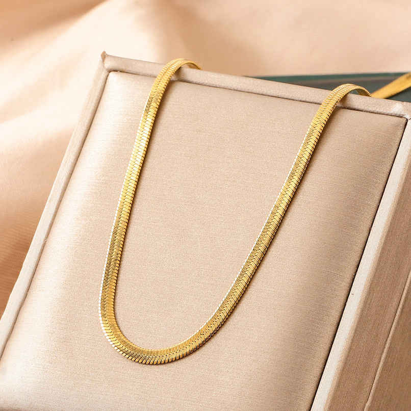 LabelShe Gold Plated Stainless Steel Flat Snake Chain Necklace | LS-NCK-67042 LabelShe Gold Plated Stainless Steel Flat Snake Chain Necklace | LS-NCK-67042