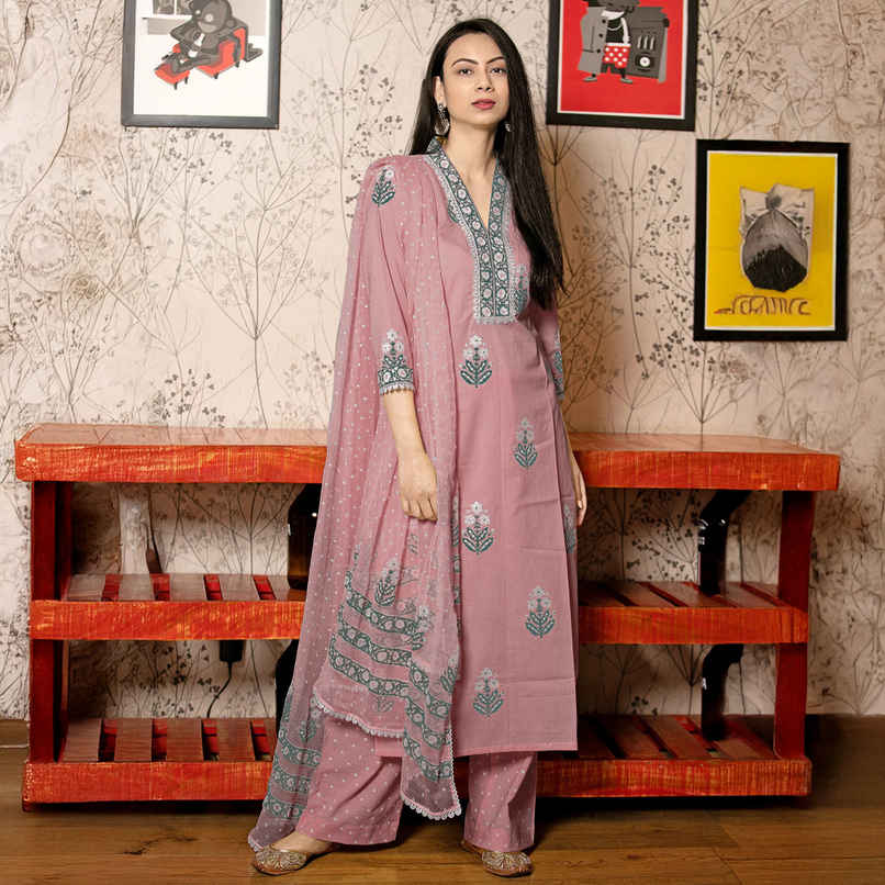 GoSriKi Women's Rayon Blend Straight Printed Kurta with Pant & Dupatta | BELAGAVI | Purple - XL