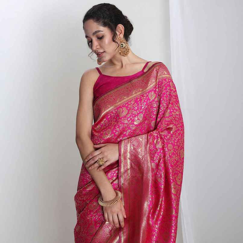 Janasya Women's Silk Blend Floral Woven Design Jacquard Saree with Blouse Piece | SAR654 | Pink