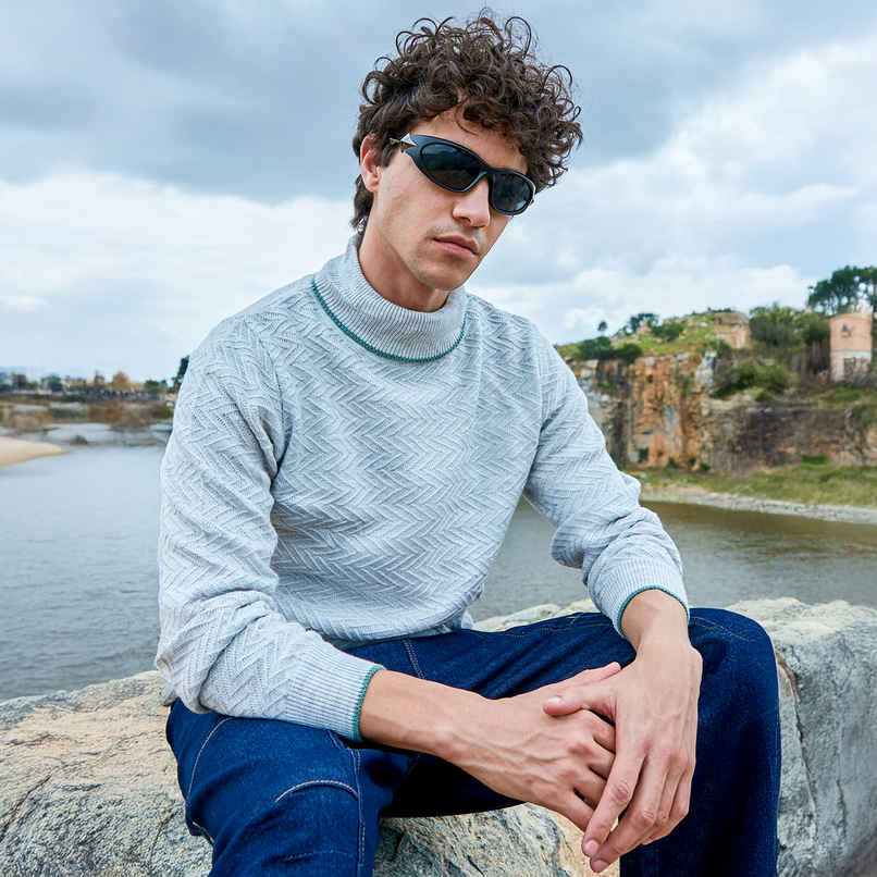 Campus Sutra Men's Herringbone Textured Pullover Sweater | Light Grey - L