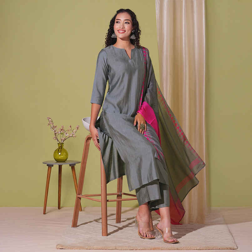 GoSriKi Women's Viscose Rayon Straight Solid Kurta with Pant & Dupatta | MOGUL | Grey - XL
