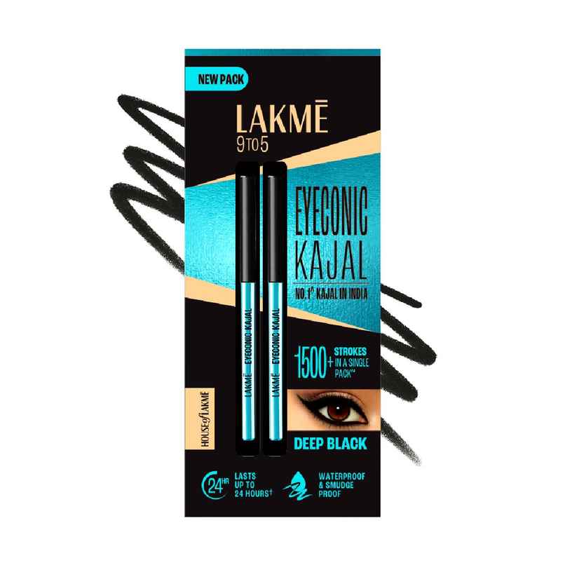 Lakme 9 to 5 Eyeconic Kajal Twin Pack, lasts upto 24hrs, Pack of 2- Deep Black