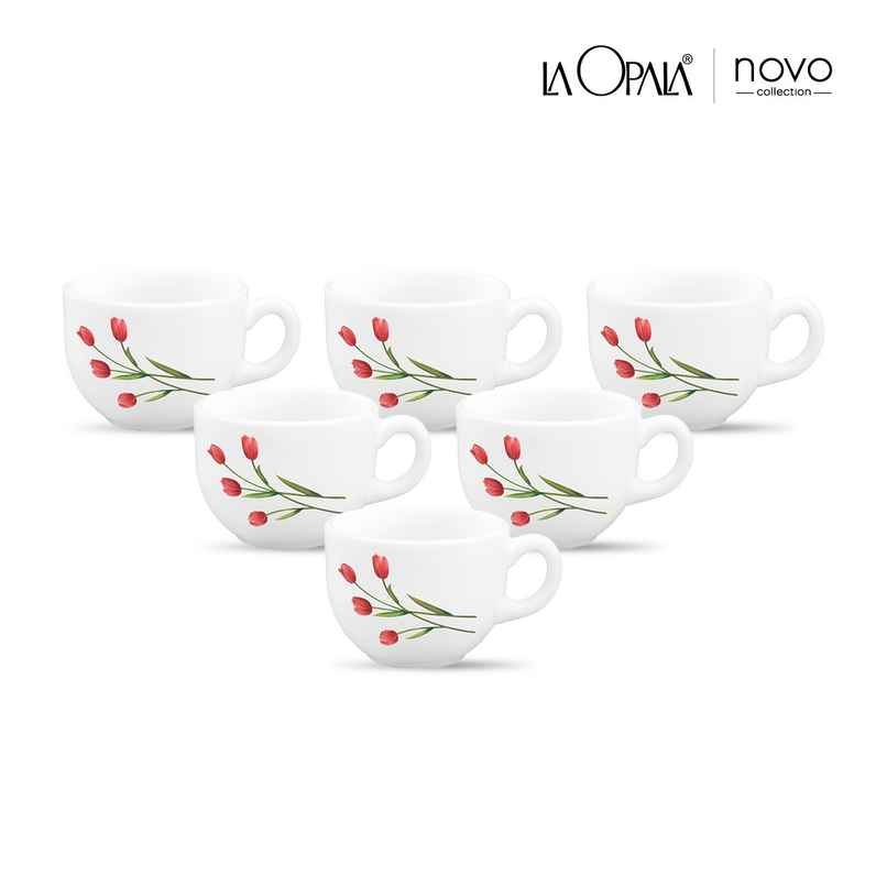 La Opala Novo Coffee Cup | Radiant Curves Opal Glass Cups | White | 120 ml | Set of 6