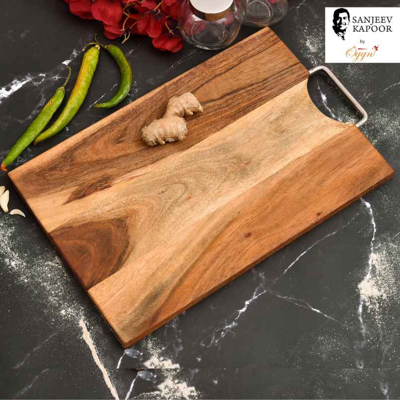 Sanjeev Kapoor by OGGN Wooden Cutting,Serving Board | Vegetables,Fruits With SS Handle - 15x10 Inch