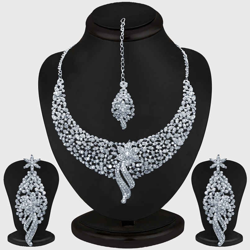 Sukkhi Glimmery Rhodium Plated Austrian Diamond Choker Necklace Set For Women