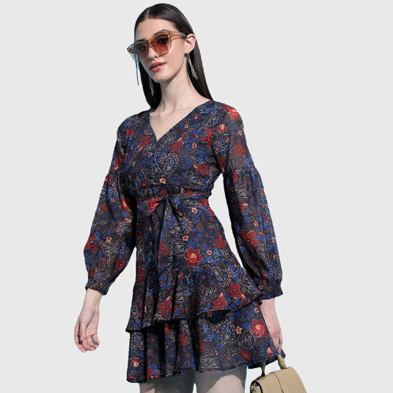 Ketch Women's Floral Printed Puff Sleeve Tie-Up Fit & Flare Dress | Multicolor - S Ketch Women's Floral Printed Puff Sleeve Tie-Up Fit & Flare Dress | Multicolor - S