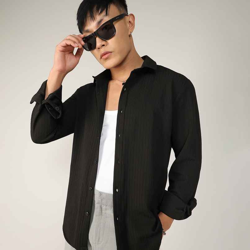 Campus Sutra Men's Stripe-Creased Shirt | Black - L