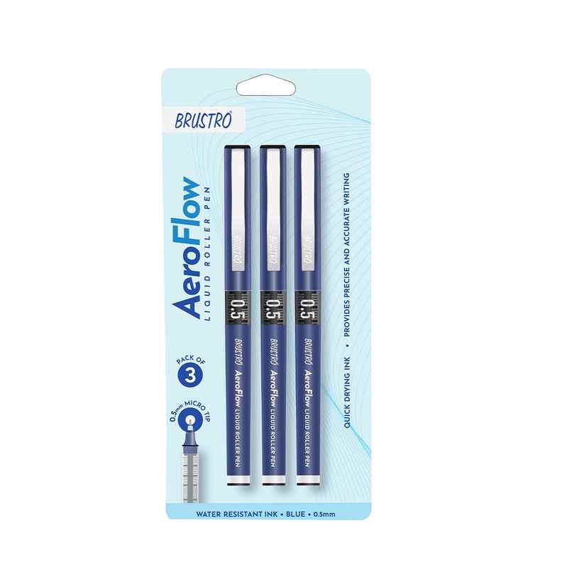 Brustro Aeroflow Liquid Ink Rollerball Pens 0.5 Micro Tip Pack Of 3 | Blue Ink