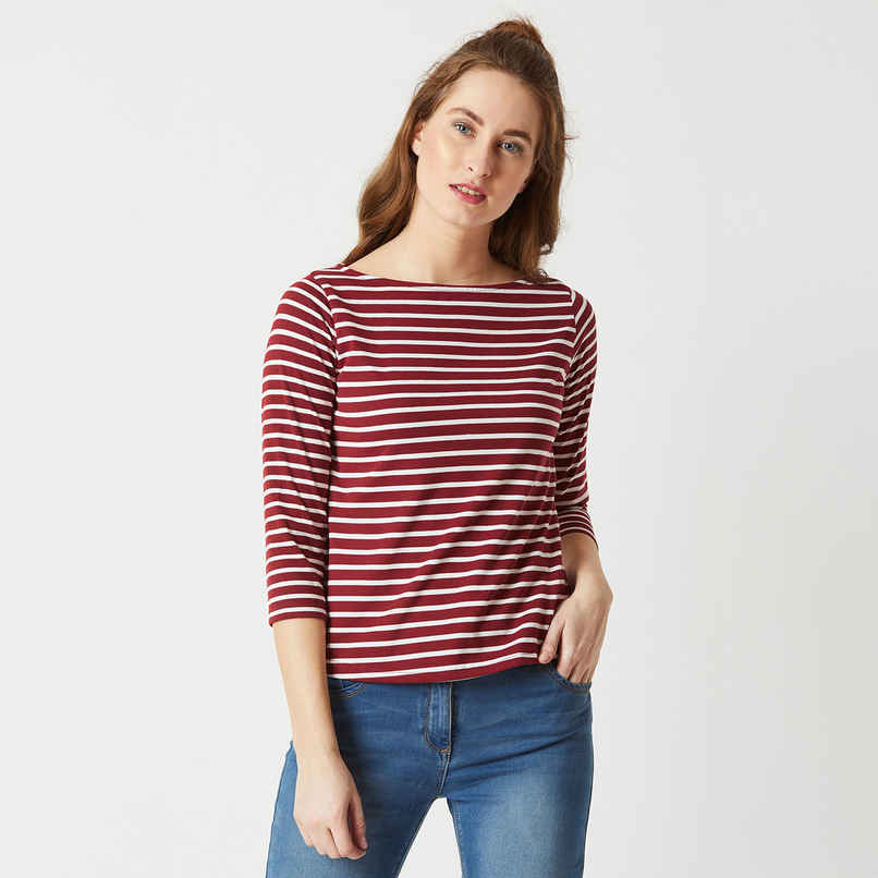 Miss Chase Women Boat Neck 3/4 Sleeve Cotton Striped Top | Maroon & White | L Miss Chase Women Boat Neck 3/4 Sleeve Cotton Striped Top | Maroon & White | L