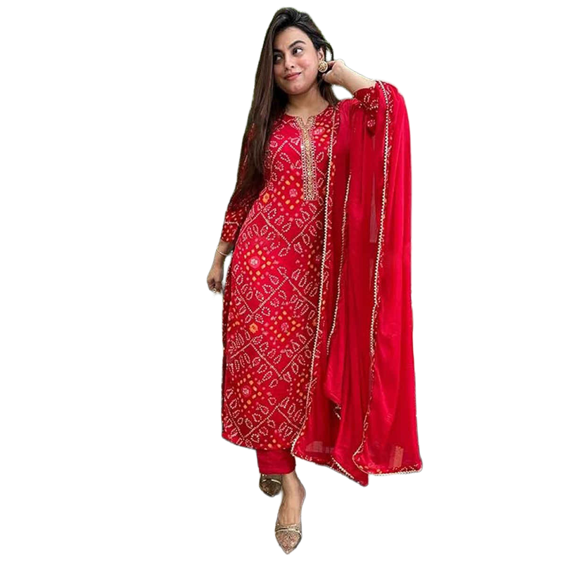 GoSriKi Women's Rayon Blend Straight Printed Kurta with Pant & Dupatta | TURAE | Red - S