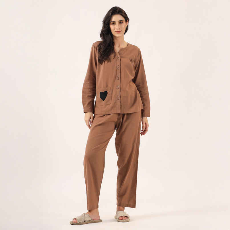 Sanskrutihomes Mandarin Collar Pure Cotton Night Suit | Brown - S Sanskrutihomes Mandarin Collar Pure Cotton Night Suit | Brown - S