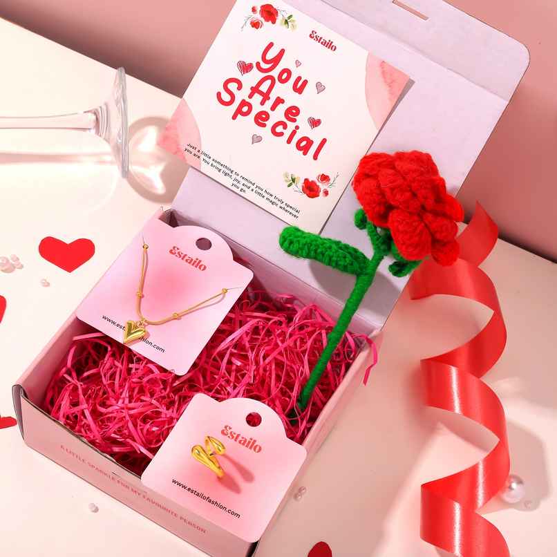 Estailo Fashion Jewellery Combo Necklace & Ring with Rose | Women's Day