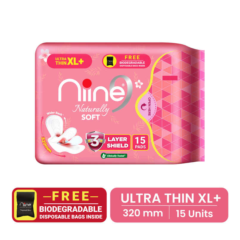 Niine Naturally Soft Ultra Thin XL+ Sanitary Pads | 320 mm and Wider Back | with Biodegradable Bags | 15 Pads