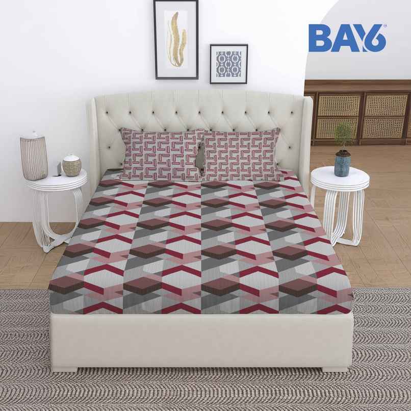 BAY6 Microfibre Geometric Double Bedsheet - Grey/Maroon | 215 x 230 cm + Two Pillow Covers