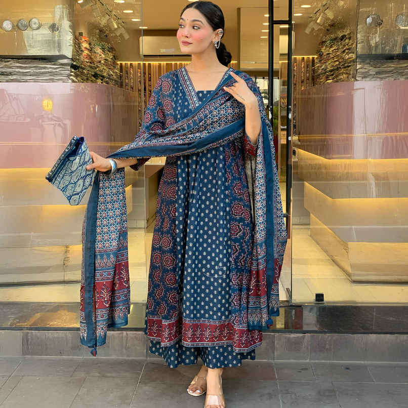 GoSriKi Women's Viscose Rayon Anarkali Printed Kurta with Pant & Dupatta | NAKULA | Blue - L