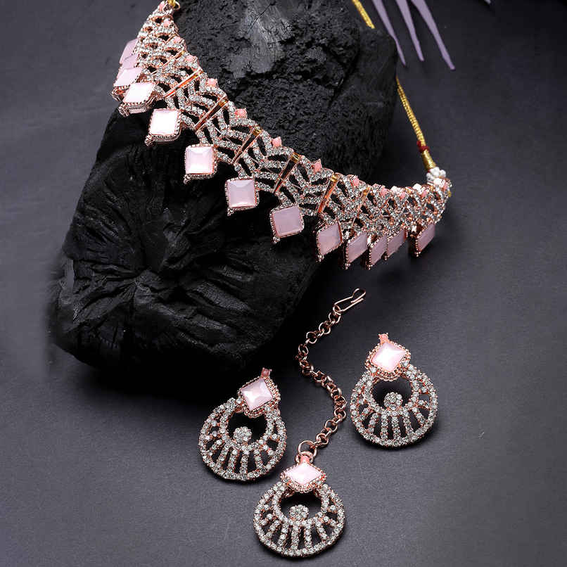 Sukkhi Seaside Gold Plated Pink Kundan & Beads Studded Choker Necklace Set