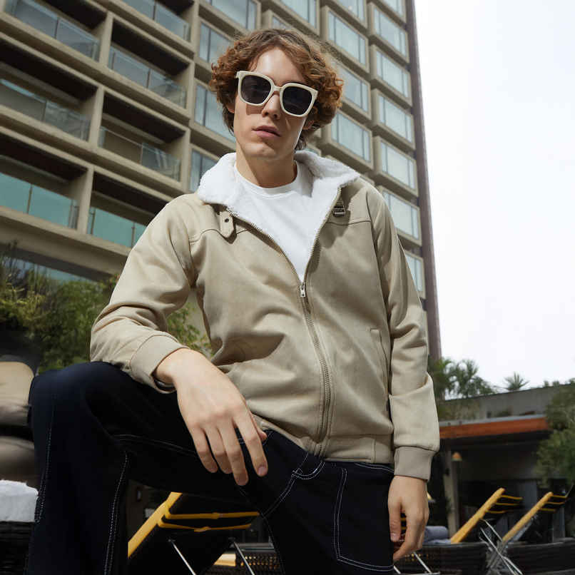 Campus Sutra Men's Fleece-Lined Bomber Jacket | Saltbox Beige & Chalk White - L