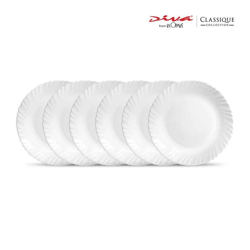 La Opala Diva Classique Dinner Plate | Opal Glass Full Plate for Dining | Set of 6 - White