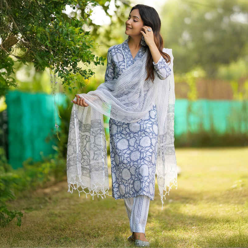 Divena Women s Sky blue Hand Block Printed Straight kurta Pant Set with Dupatta | DK0755 | L Divena Women s Sky blue Hand Block Printed Straight kurta Pant Set with Dupatta | DK0755 | L