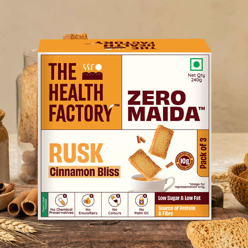 The Health Factory Rusk Cinnamon Bliss | Zero Maida | Source of Protein & Fibre | Wheat Rusk Toast | Tea Time Snack The Health Factory Rusk Cinnamon Bliss | Zero Maida | Source of Protein & Fibre | Wheat Rusk Toast | Tea Time Snack