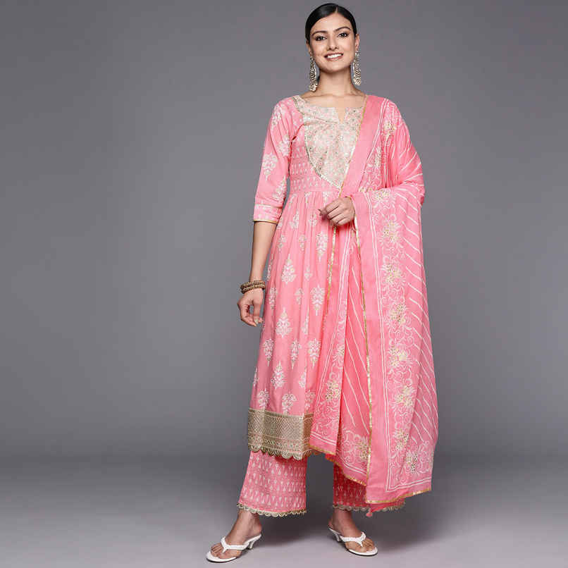 Libas Yoke Design Cotton Anarkali Kurta With Palazzos & Dupatta | 34251R | Pink - M