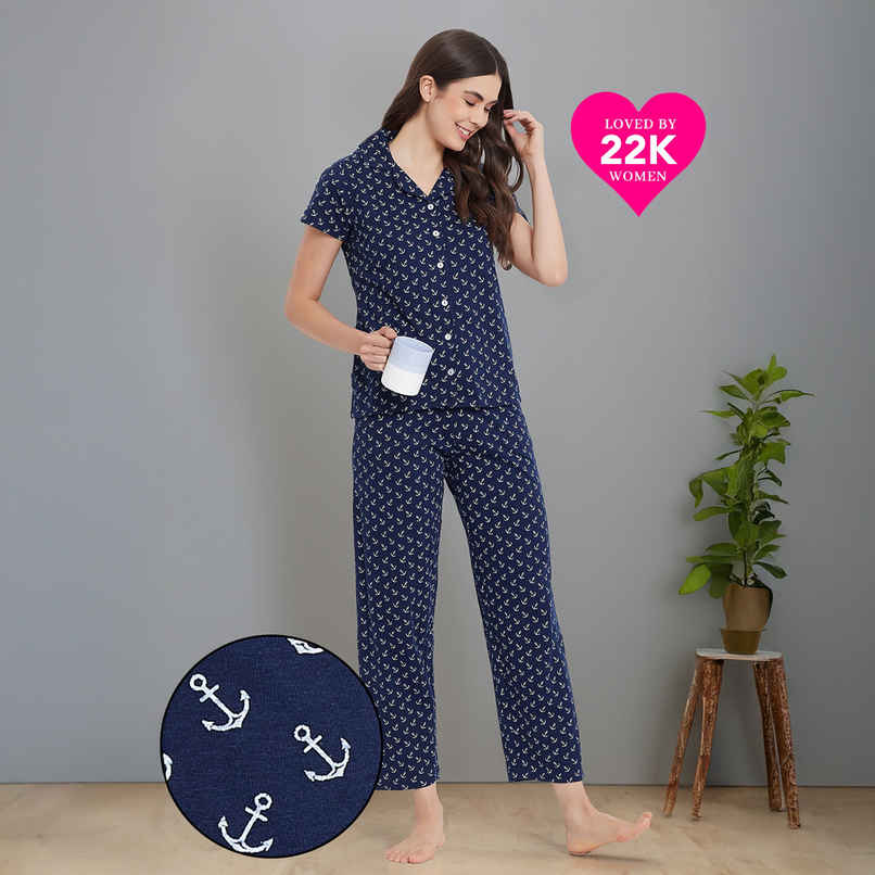 Clovia Button Down Anchor Print Shirt & Pyjama Nightsuit Set | Cotton | Blue | XL Clovia Button Down Anchor Print Shirt & Pyjama Nightsuit Set | Cotton | Blue | XL