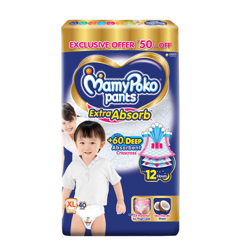 Mamypoko Extra Absorb Baby Diapers | Pant Style | XL | 40 pcs