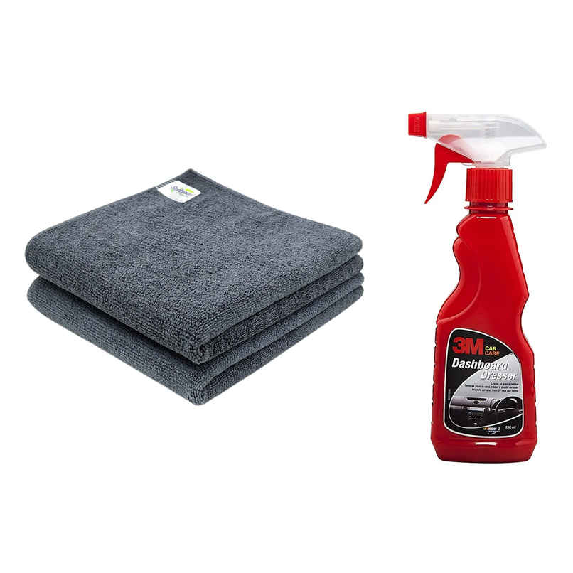 Softspun Microfiber Cleaning Cloths (340 Gsm, 40X40Cm, 2Pc, Grey) (2pc) & 3M Car Dashboard Dresser | Restore Gloss On Dashboard And Other Plastic Parts | 250 Ml (250ml) Combo