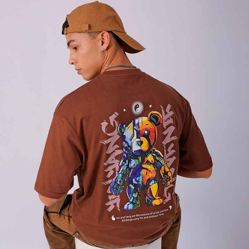 The Indian Garage Co Men's Placement Print Casual T-Shirt | Brown - S