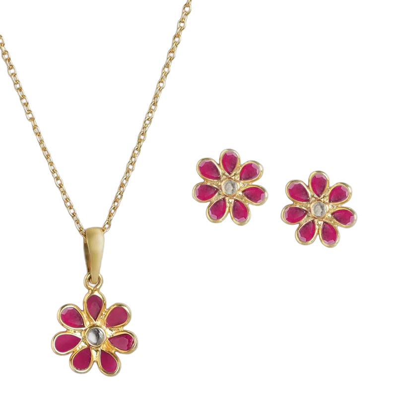 Unniyarcha 92.5 Silver Red Hydro Flower Necklace Set