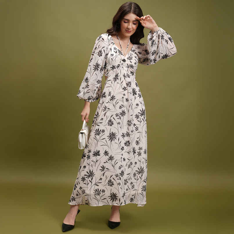 Tokyo Talkies Women's Off Floral Printed Tie Up Neck Puff Sleeve Cut Out Maxi Dress | White - M Tokyo Talkies Women's Off Floral Printed Tie Up Neck Puff Sleeve Cut Out Maxi Dress | White - M