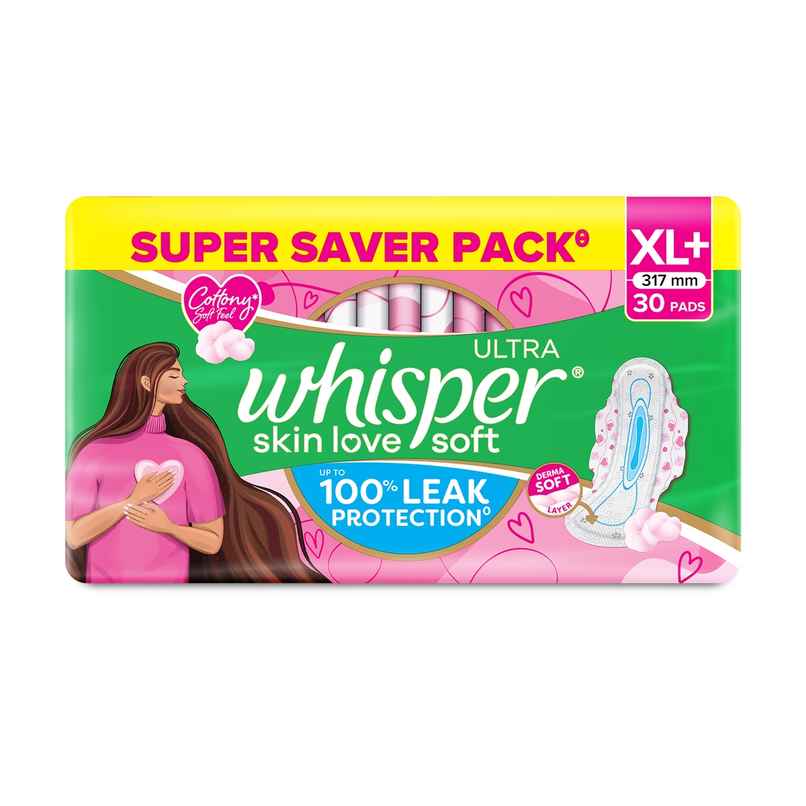Whisper Ultra Skin Love Soft Sanitary Pads for Women, XL+ 30 Napkins
