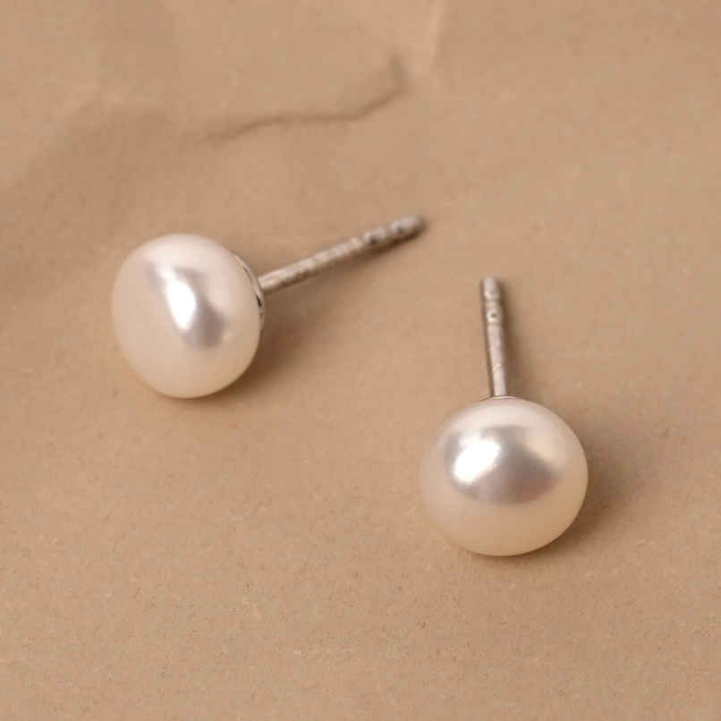 Clara 925 Pure Sterling Silver Real White Pearl 7 mm Studs Earrings | Rhodium Plated