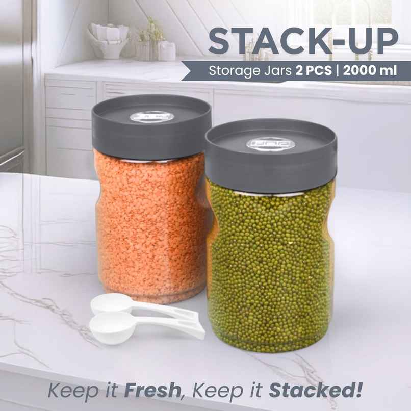 Flair Plastic Stackup Pet Jar Set Of 2 Pcs 2000 ml (Gray), Transparent Flair Plastic Stackup Pet Jar Set Of 2 Pcs 2000 ml (Gray), Transparent