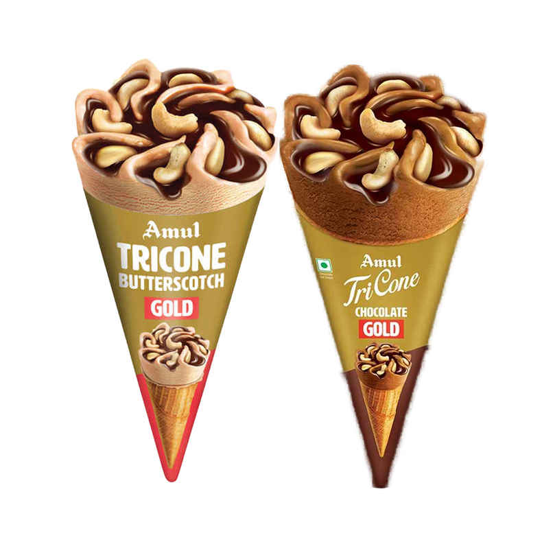 Amul Gold Tricone Butterscotch Ice Cream Cone (120ml) & Amul Gold Tricone Chocolate Ice Cream Cone (120ml) Combo